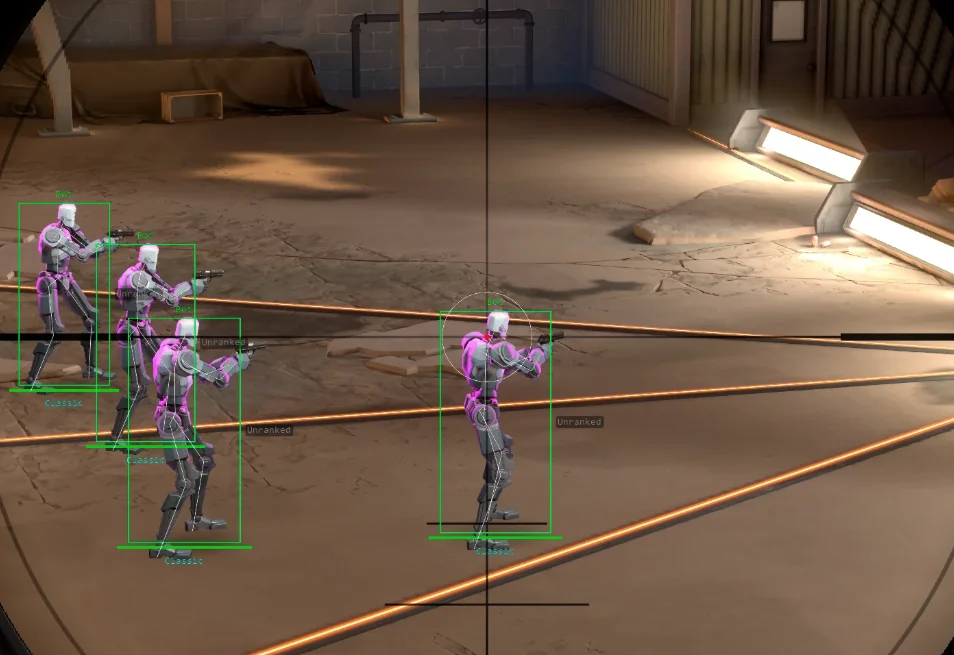Valorant ESP boxes and skeleton overlay on practice range bots